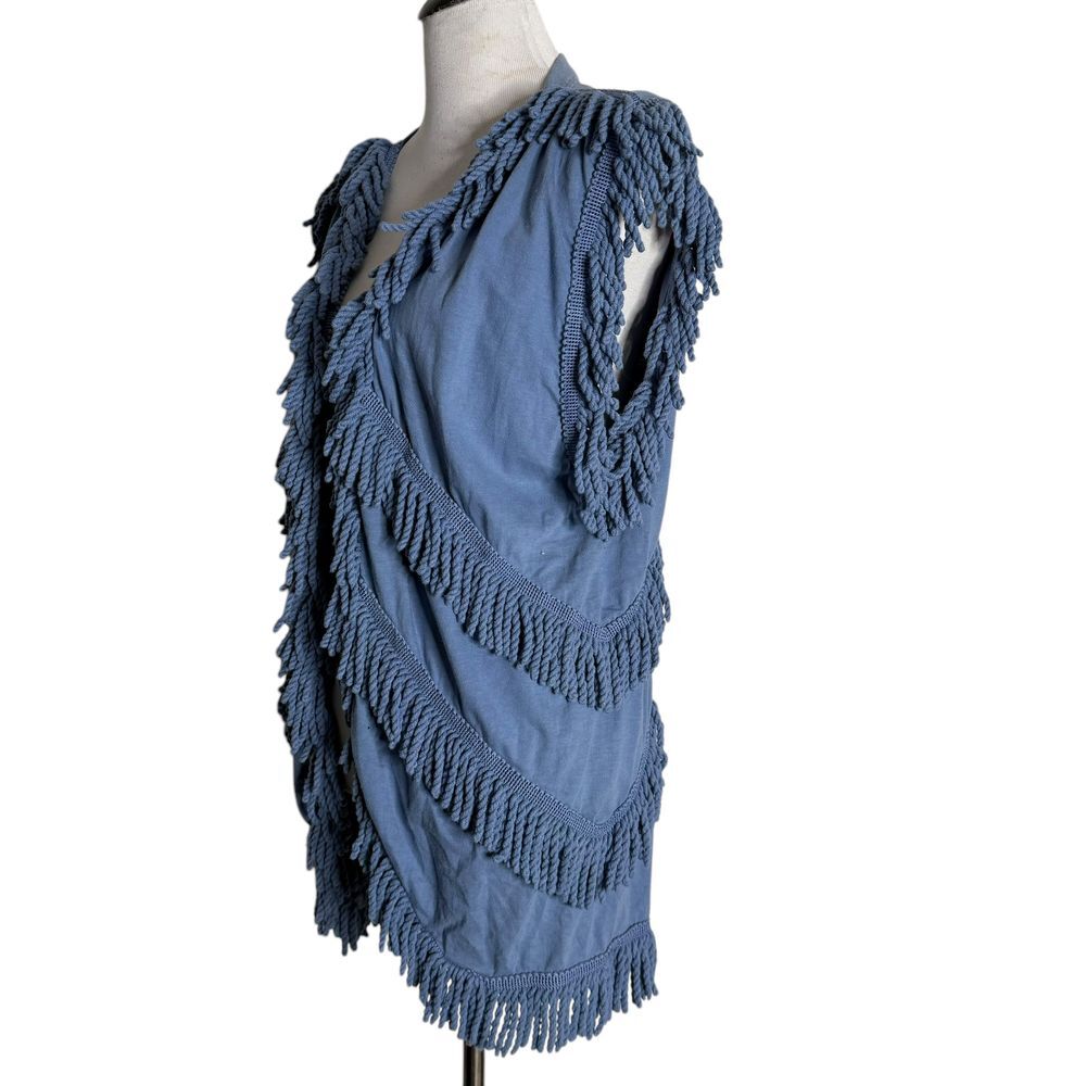 Cache Blue Sleeveless Shaggy‎ Fringe Vest Open Front Layering Top Statement OS